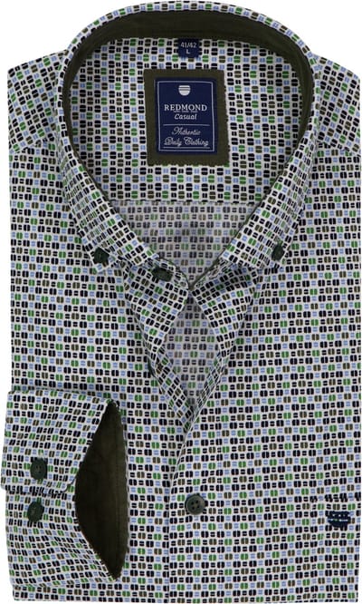 Redmond comfort fit overhemd - popeline - wit met groen en blauw dessin - Strijkvriendelijk - Boordmaat: 39 - 40