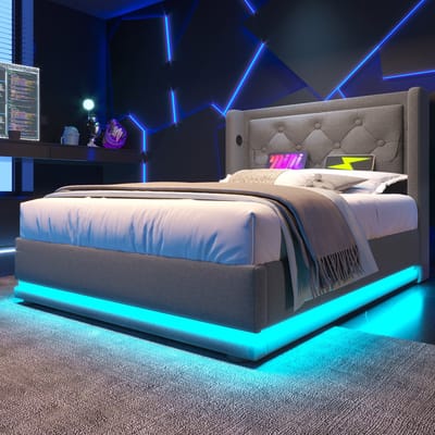 Wishdor – Eenpersoonsbed met hydraulische opbergruimte en USB-C – 90 x 200 cm – Klassiek – Katoen – Grijs