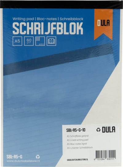 Schrijfblok A5 formaat met lijn 100 vel - Notitieblok gelinieerd - 60 grams papier - 10 stuks - DULA