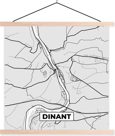 Posterhanger incl. Poster 40x40 cm - Schoolplaat - Zwart Wit – België – Plattegrond – Stadskaart – Kaart – Dinant - Textielposter - Blanke latten - Stadskaart