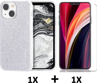 Casemania Hoesje Geschikt voor Apple iPhone 14 Plus - Zilver / Glazen Screenprotector - Glitter Back Cover