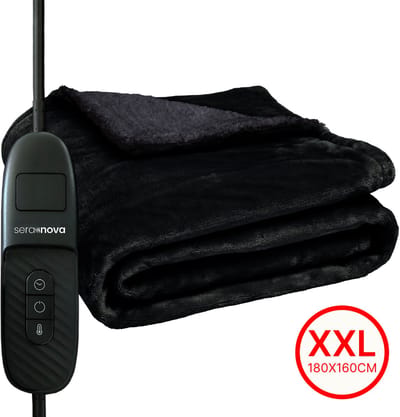 Seranova Elektrische Deken XXL - 180x160 cm - 2 Persoons Bovendeken - Warmtedeken - Dubbelzijdig Fleece Sherpa - Zwart