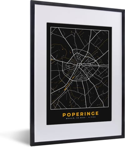 Fotolijst incl. Poster - Black & gold - Poperinge - Stadskaart - Plattegrond - Kaart - 30x40 cm - Posterlijst