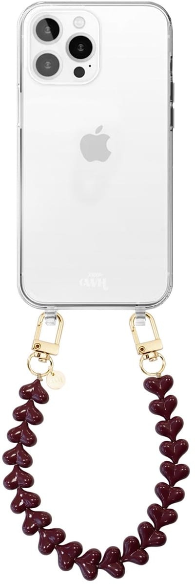 xoxo Wildhearts siliconen hoesje geschikt voor iPhone 11 Pro hoesje - Funky Hearts (Burgundy) - Telefoonhoesje - Hoesje met koord - Donkerbruin / Bruin koord - kort telefoonkoord - Hartjes ketting - Transparant hoesje