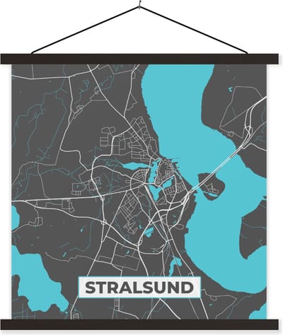 Posterhanger incl. Poster 120x120 cm - Schoolplaat - Blauw – Duitsland – Plattegrond – Gold – Stadskaart – Kaart – Stralsund - Textielposter - Zwarte latten - Stadskaart
