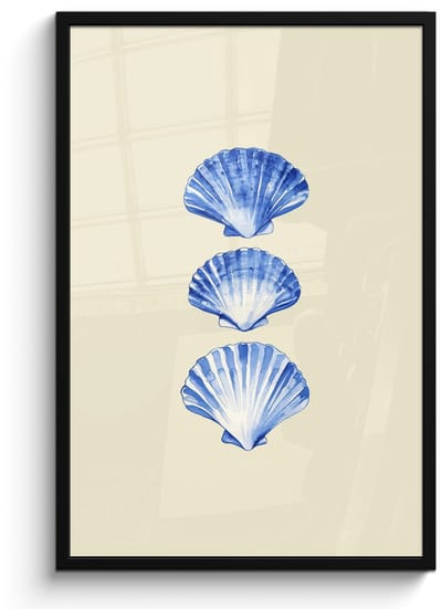 Poster in lijst - Fotolijst 60x90 cm - Posters - Schelpen - Blauw - Beige - Posterlijst zwart - Decoratie - Wanddecoratie woonkamer - Muurdecoratie slaapkamer