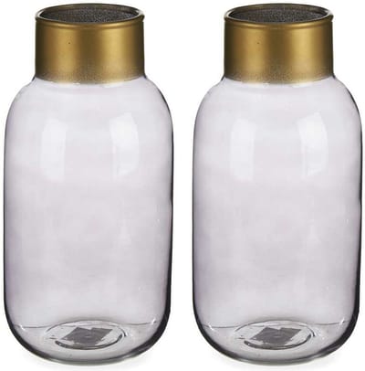 Giftdecor - Bloemenvazen 2x stuks - Glas - grijs/goud - 14 x 30 cm