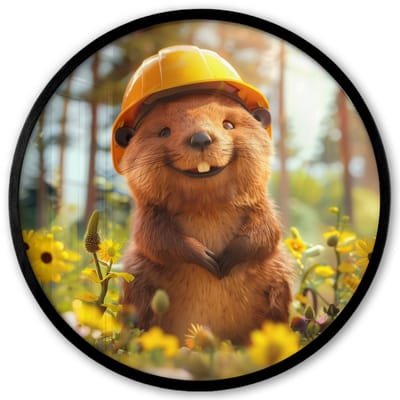 Poster in lijst Rond - Fotolijst 40x40 cm - Posters - Bever - Dier - Bouwhelm - Natuur - Ronde posterlijst zwart - Decoratie - Wanddecoratie woonkamer - Muurdecoratie slaapkamer