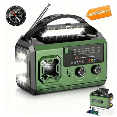Noodradio met Powerbank & Zonnepaneel Noodradio met Opwindfunctie – Draagbare AM/FM Weerradio – 20000 mAh Oplaadbare Radio met Zaklamp, SOS & Telefoonlader – Geschikt voor Kamperen, Outdoor, Stroomuitval & Noodsituaties