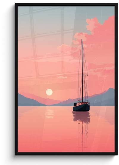 Poster in lijst - Fotolijst 80x120 cm - Posters - Zeilboot - Roze zee - Zonsondergang - Bergen - Posterlijst zwart - Decoratie - Wanddecoratie woonkamer - Muurdecoratie slaapkamer