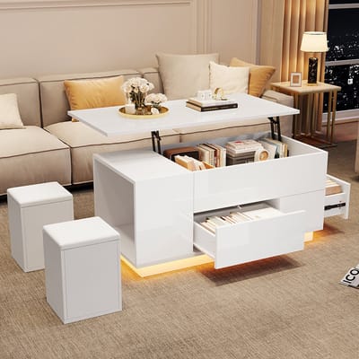Pugsdrly 100*50*45 cm 4-in-1 salontafel In hoogte verstelbare salontafel met LED, salontafel met 2 lades, glanzende tafel met bank en 2 krukken, bijzettafel met verborgen opbergruimte, draagvermogen tot 50 kg, wit