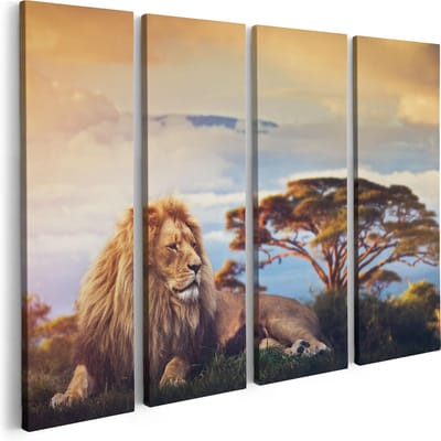 Artaza Canvas Schilderij Vierluik Leeuw Tijdens Zonsondergang - 80x60 cm - Wanddecoratie Woonkamer - Schilderijen - Muurdecoratie