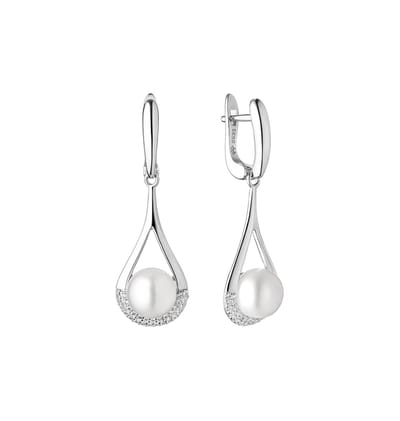 Gaura – Zilveren oorbellen met parel (7–7,5 mm) en zirkonia – 925 sterling zilver met rhodium afwerking – Engelse sluiting