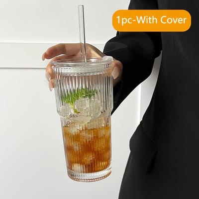 Tasse à café en verre à rayures de 600 ml avec couvercle et paille, verres à boire transparents pour jus, lait, thé, tasses à café glacé, verres à boisson 601-700ml gray
