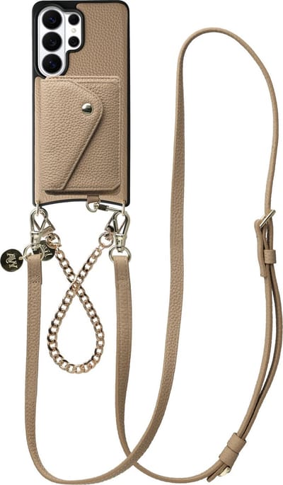 AVY Leren Hoesje geschikt voor Samsung Galaxy S26 Ultra | Met Koord en Magnetische Kaarthouder | Compatibel met MagSafe | Leather Case met 30CM & 130CM Koord & Wallet | Leather and Gold | Beige