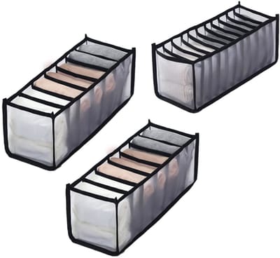 3-delige lade-organizerboxen – Zachte opvouwbare stof – 7 &11 vakken per box – Voor ondergoed, sokken en stropdassen – Nette en ruimtebesparende opbergoplossing