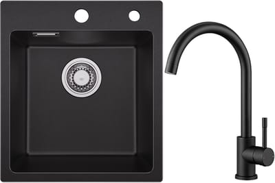 SOFETIY MAX Granieten spoelbakken 40*45cm - Spoelbak Keuken Met Keukenkraan - Gootsteen Met Waterafvoersysteem - Wasbak Keuken Zwart