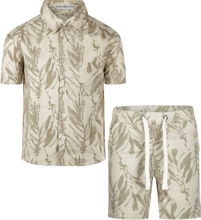 Koko Noko Jongens set: Blouse en Short beige print maat 104