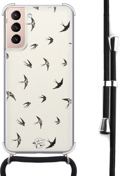 Hoesje met koord geschikt voor Samsung Galaxy S21 - Vogels / Birds - Inclusief koord - Crossbody beschermhoes - Transparant, Beige - Mooie Telefoonhoesjes