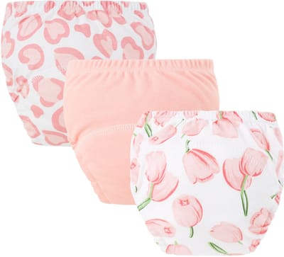 3-pack baby katoenen trainingsbroekjes - herbruikbare peuter zindelijkheidstraining broekjes - roze hart + champagne + tulp (luiers) - geschikt voor jongens en meisjes van 12-18 kg