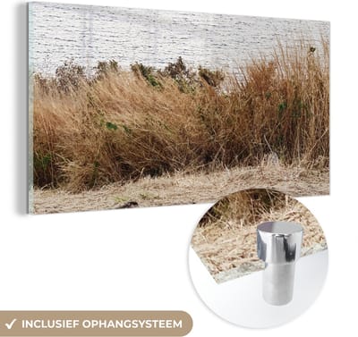 MuchoWow® Glasschilderij 120x60 cm - Schilderij acrylglas - Duin - Gras - Planten - Zomer - Foto op glas - Schilderijen