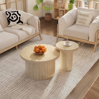 Sweiko Salontafel set, dubbele ronde tafel, bijzettafel met natuurhouten latten