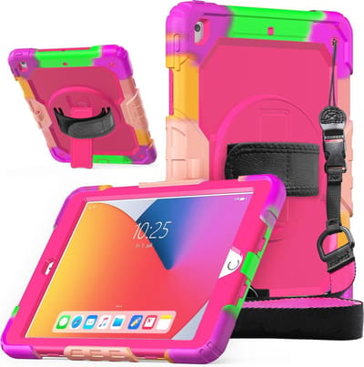 Dasaja case / hoes geschikt voor iPad 10.2 (2019 & 2020 & 2021) met screenprotector, handriem en schouderriem voor kinderen en scholen - Kleurrijk Roze - Kinderen - Kind