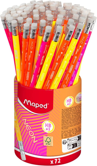 Grafietpotlood Maped Neon met gum pot à 72 stuks assorti | 72 stuks