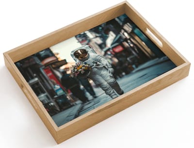 Dienblad hout 40x30 cm - Schootdienblad - Boeket - Bloemen - Kleurrijk - Astronaut - Borrelplank rechthoek - Plateau dienbladen