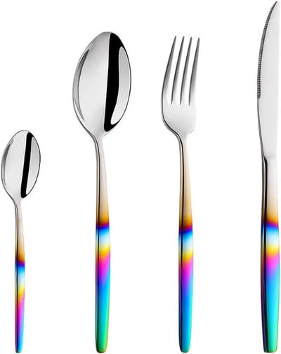 Stijlvolle 4-delige Bestekset van Roestvrij Staal met Regenbooghandvatten – Bestek voor 1 Persoon, Vaatwasmachinebestendig, Inclusief Lepel, Vork en Mes