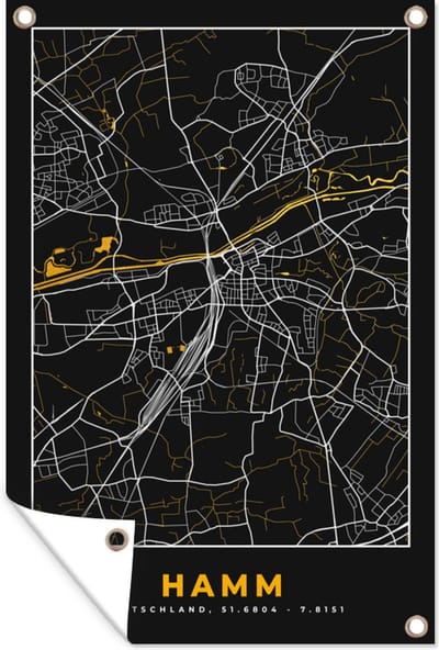 Muurdecoratie Black and Gold – Stadskaart – Hamm – Duitsland – Plattegrond – Kaart - 120x180 cm - Tuinposter - Tuindoek
