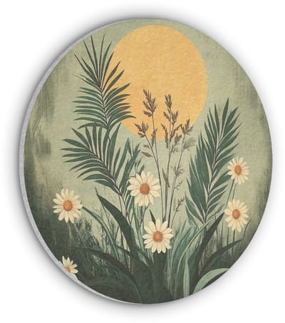 Akoestisch wandpaneel rond 30x30 cm - Vilt schilderij Bloemen - Bladeren - Zon - Groen - Ronde akoestische panelen - Geluidsdempende wanddecoratie - Geluidsisolatie wandcirkel - Muurdecoratie geluidspanelen
