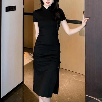 Retro Nieuwe Chinese Stijl Gemodificeerde Cheongsam Dames Lente en Zomer Zwart Split Heuprok Chinese Stijl Kwast Knoopjurk M black