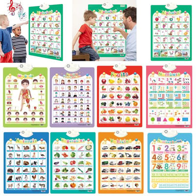 9 STUKS / Collectie Engels Sprekende Poster Alfabet Cijfers Fruit Dieren Elektronische Interactieve Wandkaart Ideaal voor Kinderen Vroeg Leren Speelgoed gray