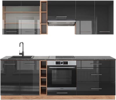 Vicco Fame-Line Complete keukeneenheid – 235 cm, WB Antraciet Antraciet hoogglans/goud eiken