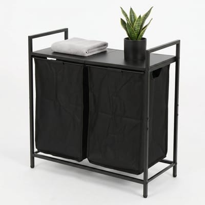 Lomera Wasmand met 2 Vakken - Wassorteerder - Dubbele Wasmand - Uitschuifbaar met Plank - Uitneembare Waszakken - Wasgoedsorteerder - Metalen Frame - Wasmand Kast - Laundry Basket - Wasmand Sorteerfunctie - Zwart