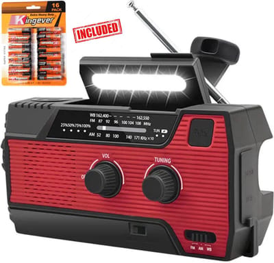 6 IN 1 SOS Noodradio - Werkt ook op Batterijen - INCL 16 BATTERIJEN + Opwindbaar + Zonneenergie + Oplaadbaar - Model 2025 USB C + Nood Radio - Noodpakket ( Accu ) - Solar - Voor Noodrantsoen - Rampen - Draagbare - FM AM - Aanzwengel Radio Rood
