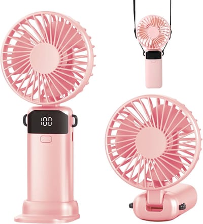 Ventilator - Handventilator - Mini ventilator - Handventilator oplaadbaar - Draagbare handventilator - Met USB-oplaadbare - 5 snelheden - Op batterijen werkende - Met LED-display en voet - Voor thuis - Kantoor - School - Reizen en buiten - Roze