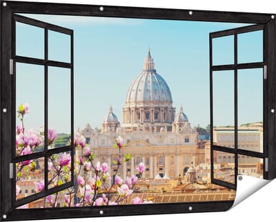 Gards Tuinposter Doorkijk Sint Pietersbasiliek in Rome met Bloemen - 150x100 cm - Tuindoek - Tuindecoratie - Wanddecoratie buiten - Tuinschilderij