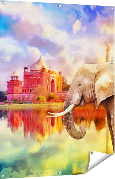 Gards Tuinposter Getekende Olifant bij Taj Mahal - Abstract - 90x120 cm - Tuindoek - Tuindecoratie - Wanddecoratie buiten - Tuinschilderij