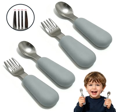 Babybestekset Vork & Lepel – 2 Sets (2 lepels + 2 vorken) – Bestek voor baby's en peuters – Eetgerei voor kinderen – Leerbestek voor zuigelingen – Roestvrijstalen vorken en lepels met korte siliconen handvatten – Babyvork- en lepelset – 11,5 x 2,8 cm