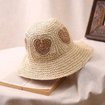 Japanse Retro Handgemaakte Grote Hoedrand Liefde Stro Geweven Ademende Strohoed Zomer Vissershoed Opvouwbare Zonnehoed beige