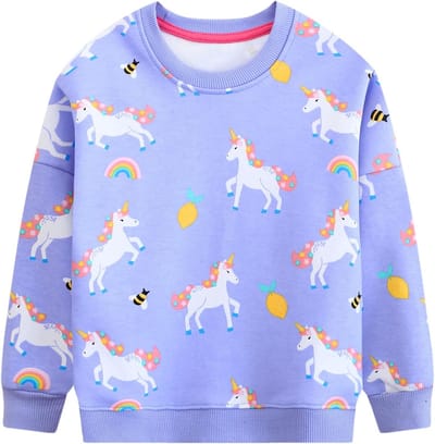 Sweatshirt voor Meisjes van 2-7 Jaar met Lange Mouwen, Unicorn Borduursel en Regenboogprint, Casual Katoenen Pullover in Roze/Grijs