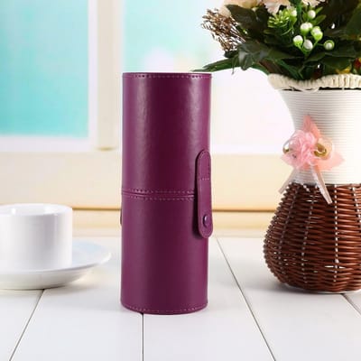 Draagbare Make-up Borstelhouder - Ronde Penhouder van PU Leer voor Reizen met Make-upkwasten (Paars)