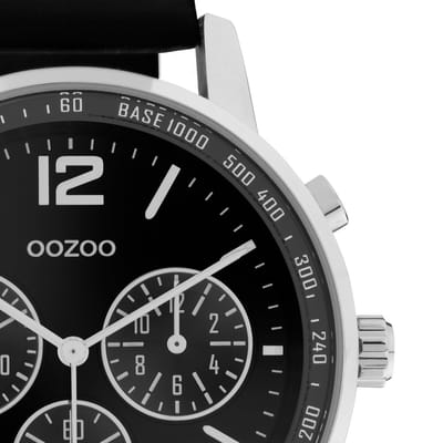 OOZOO Timepieces - zilverkleurige horloge met zwarte leren band - C10813 - Ø42