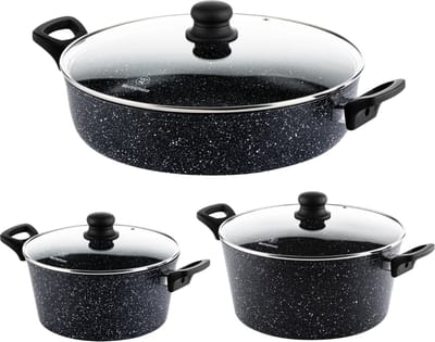 Westinghouse 3-delige Pannenset – Braadpan Ø 24 & 28 cm + Hapjespan Ø 32 cm – Inductie – PFOA-vrij – Black Marble
