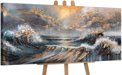 Canvas schilderij panoramisch 115x50 handgeschilderd schijnende golven zee maritiem – YS-Art Gallery – Stralende wanddecoratie voor woonkamer – Modern schilderij voor hal