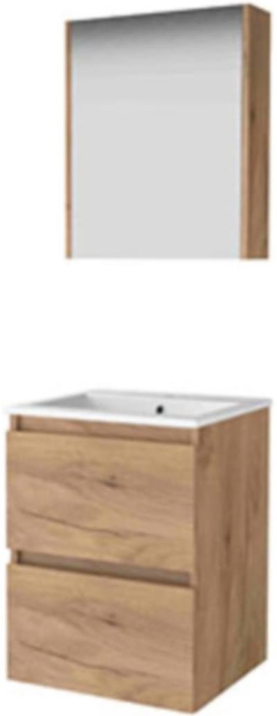 Basic-Line Comfort 46 Badkamermeubelset - 50 x 46 cm - Greeploos - 2 Lades - Keramische Wastafel - 1 Kraangat - Spiegelkast - Whisky Oak
