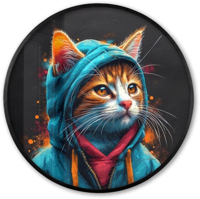 Poster in lijst Rond - Fotolijst 60x60 cm - Posters - Graffiti - Kat - Zwart - Jas - Street art - Ronde posterlijst zwart - Decoratie - Wanddecoratie woonkamer - Muurdecoratie slaapkamer
