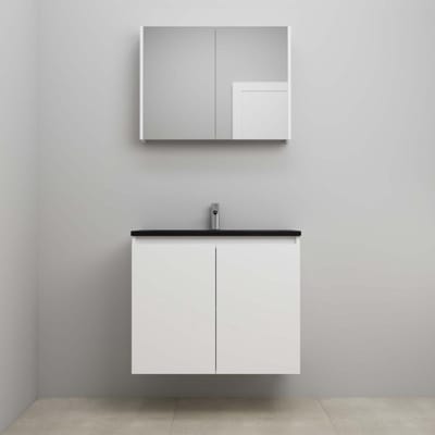 On-Line Badkamermeubelset - 80 cm - Bouwpakket - Greeploze Ladestructuur - Acryl Wastafel - 1 Kraangat - Spiegelkast - Hoogglans Wit